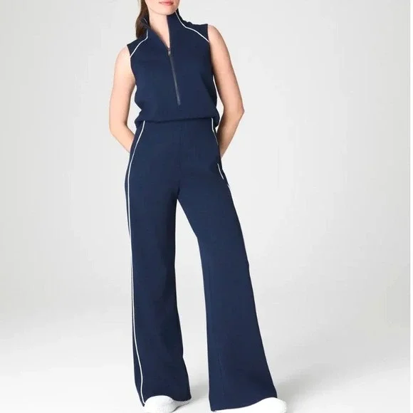 Spanx AirEssentials XL Pique Sleeveless Mockneck Jumpsuit Navy Wide Leg OpenBack - Picture 1 of 10